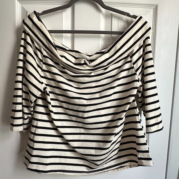 Who What Wear NWT Women's Plus 1X Off White & Black Stripe Off Shoulder Top - Picture 6 of 6